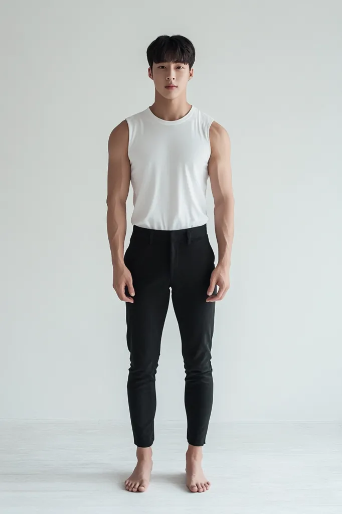 A young man with short dark hair stands against a white background. He's wearing a white sleeveless shirt and black pants, his feet are bare. His pose is relaxed yet confident, conveying a sense of minimalism and simplicity. The overall image is clean and stylish.