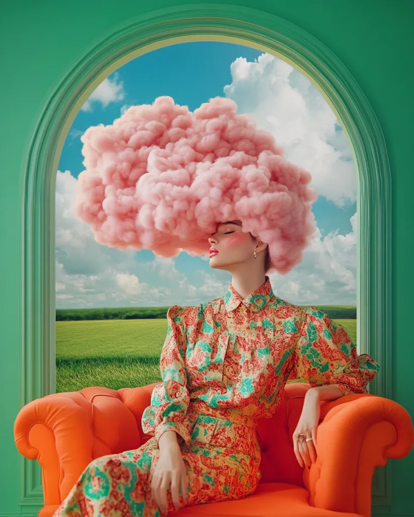A woman in a floral dress sits on an orange chaise lounge.  Her head is adorned with a large, fluffy pink cloud, creating a surreal and whimsical scene.  The backdrop is an arched window showcasing a tranquil landscape under a bright blue sky. The overall aesthetic is dreamy and fantastical, blending reality and imagination.