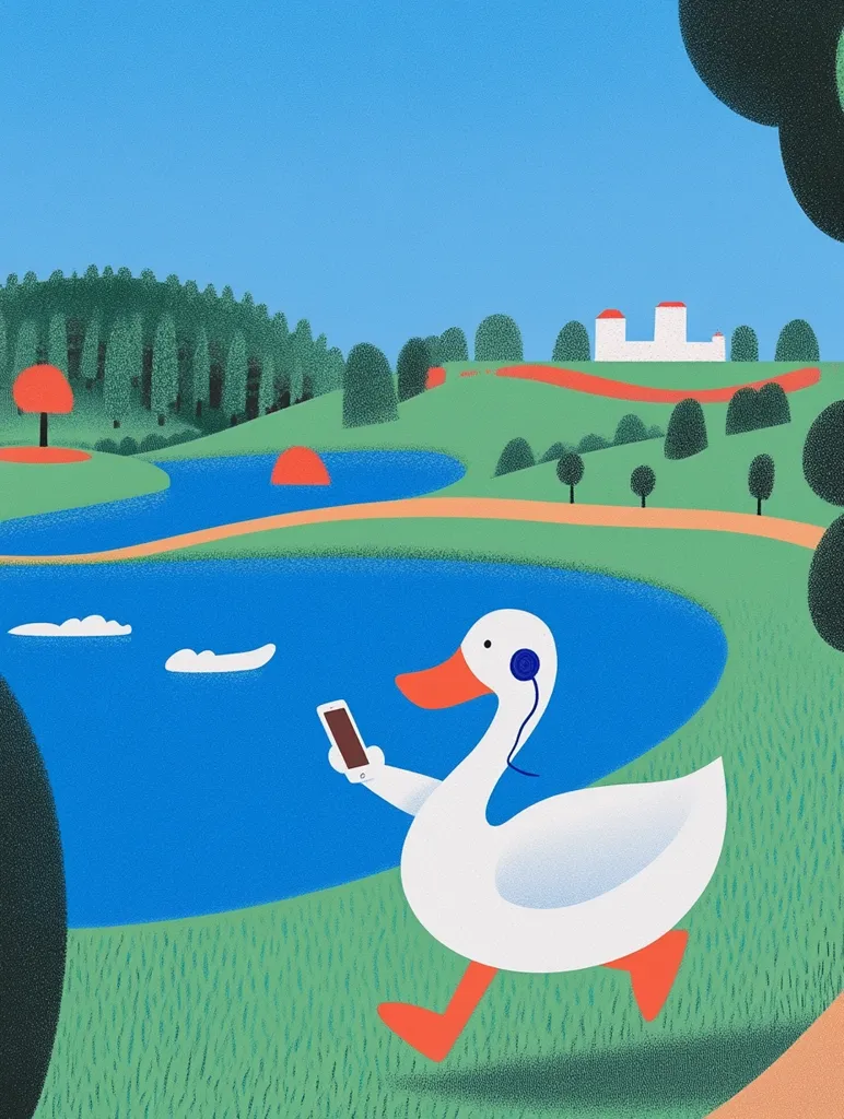 A stylized illustration depicts a white goose strolling through a picturesque landscape.  The goose, wearing headphones and holding a smartphone, walks along a grassy path beside a tranquil blue lake.  Rolling green hills, a distant building, and a line of trees form a peaceful backdrop under a clear blue sky. The art style is minimalist and playful.