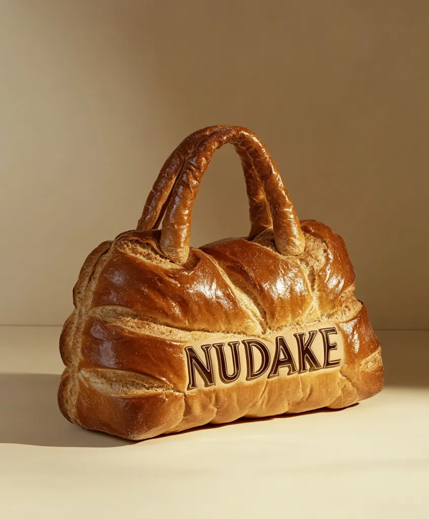 A handbag shaped like a loaf of bread sits on a beige surface.  The bag is golden brown, with a textured surface resembling a baked crust. The word "NUDAYE" is imprinted on the front.  The lighting highlights the baked appearance of the unusual accessory.