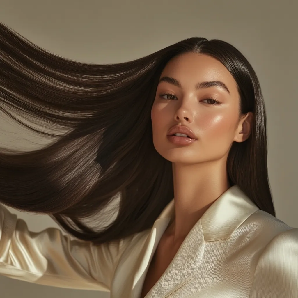 A woman with long, flowing dark brown hair, styled straight and glossy, wears a creamy beige satin blazer.  Her makeup is subtly highlighted, emphasizing her features. The overall aesthetic is elegant and minimalist, with soft lighting casting gentle shadows on her face and hair. The image focuses on the beauty of her hair and complexion.