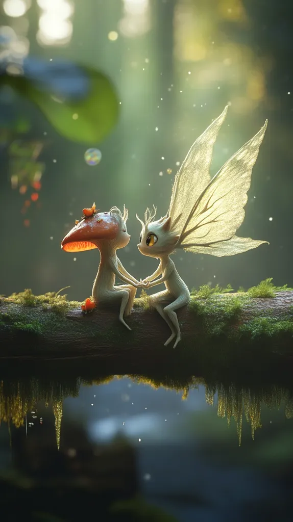 A whimsical digital artwork depicts two enchanting creatures, a fairy with delicate, translucent wings and a mushroom-capped being, sitting side-by-side on a moss-covered branch.  They hold hands, gazing at each other in a scene of serene intimacy. The background is a softly blurred forest, dappled with sunlight, creating a magical and ethereal atmosphere.  The overall mood is peaceful and romantic.