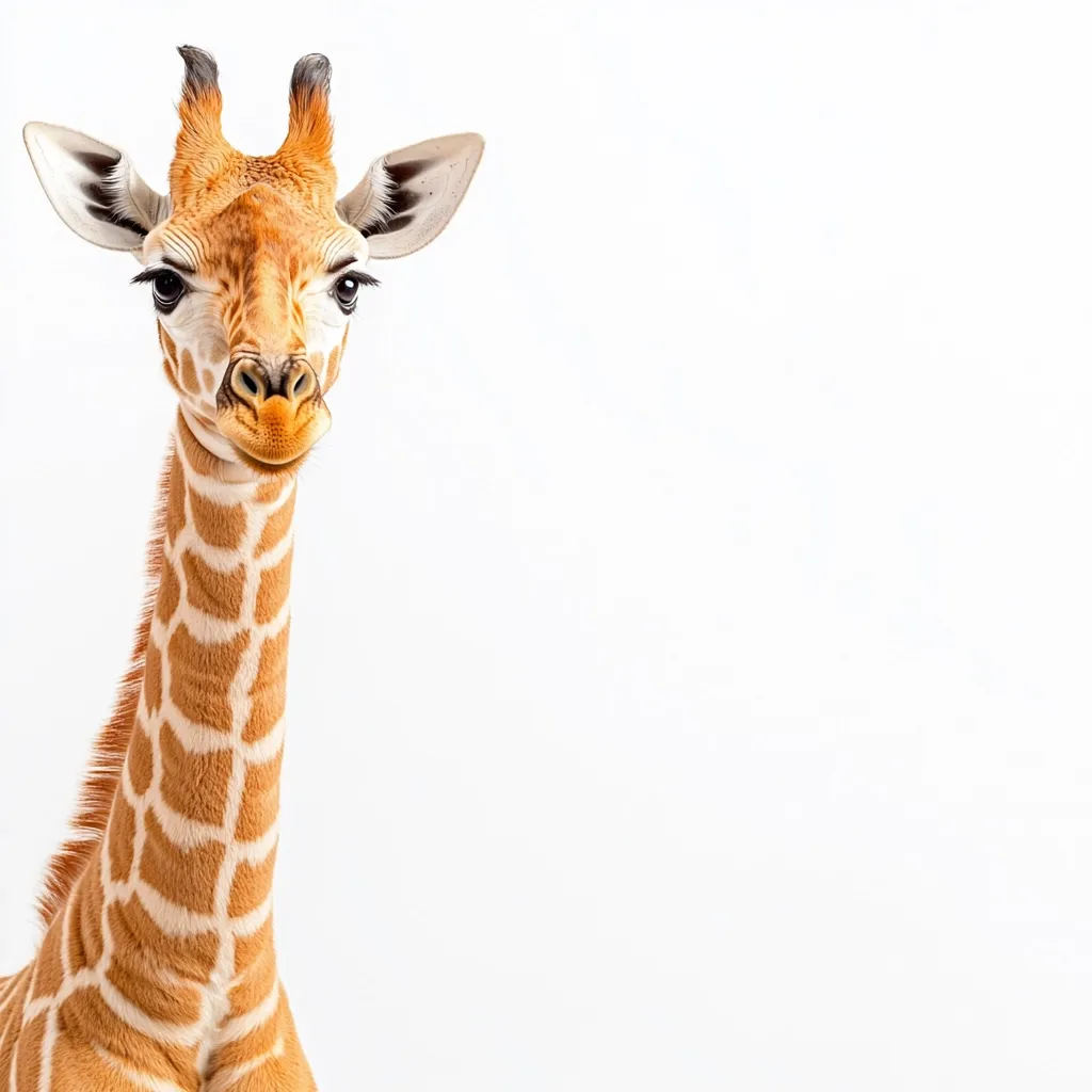 A young giraffe, its coat a blend of light brown and cream, is captured in a close-up shot against a stark white backdrop.  The giraffe's large, dark eyes and endearing expression are prominent features.  Only its head and neck are visible, creating a playful, curious composition with ample negative space to the right.  The image showcases the giraffe's unique patterning and soft fur.