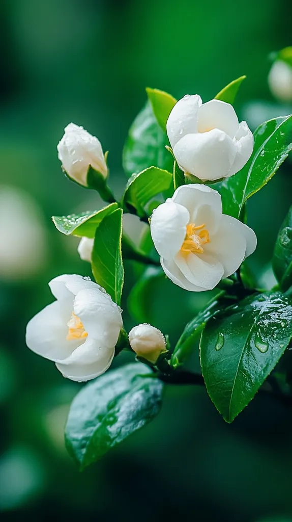 A close-up shot reveals delicate white flowers, possibly camellias, adorned with glistening water droplets.  The blossoms are nestled amongst vibrant green leaves, creating a striking contrast.  The background is a soft, blurred green, drawing focus to the flowers' intricate details and the natural beauty of the scene. The overall image evokes a feeling of freshness and tranquility.