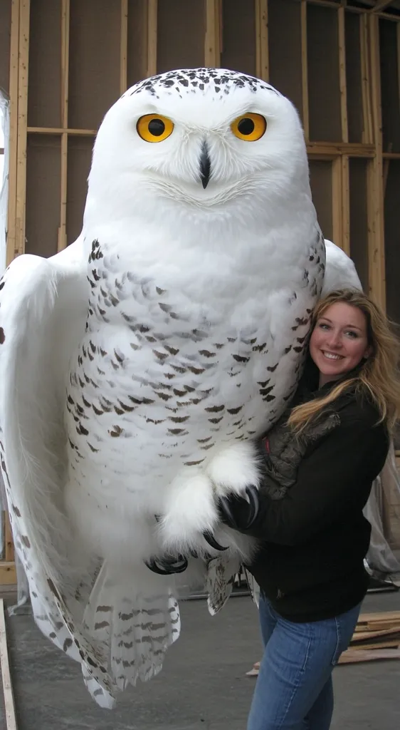 A woman holds a large snowy owl.  The owl is predominantly white with black markings, and its bright yellow eyes are striking. The woman smiles, clearly enjoying the close encounter with the majestic bird. The background is a rustic wooden structure, suggesting a setting like a wildlife sanctuary or film set.  The owl appears calm and docile.