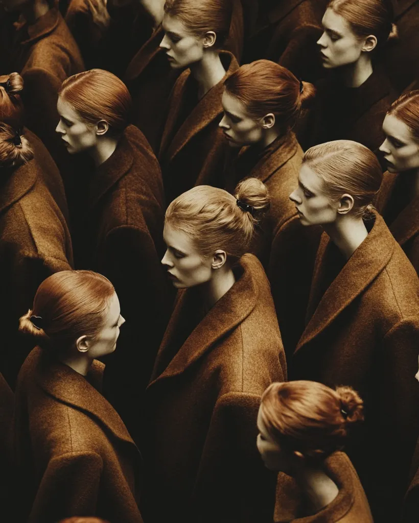 A tightly packed crowd of women, all with similar reddish-brown hair styled in buns, are dressed in identical, long, brown overcoats.  The image is dark and moody, emphasizing the uniformity of the group and creating a sense of anonymity and repetition.  The women's faces are subtly different, but their overall appearance is strikingly similar, suggesting a collective identity or conformity.