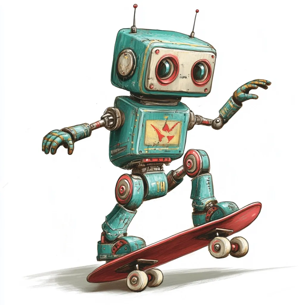 A teal retro-style robot, with visible rivets and worn paint, skillfully rides a red skateboard.  Its large, expressive eyes and outstretched arm suggest a playful and energetic personality. The robot's design is reminiscent of vintage machinery, giving it a charmingly antiquated aesthetic.  The image is rendered in a detailed, illustrative style, with visible brushstrokes.