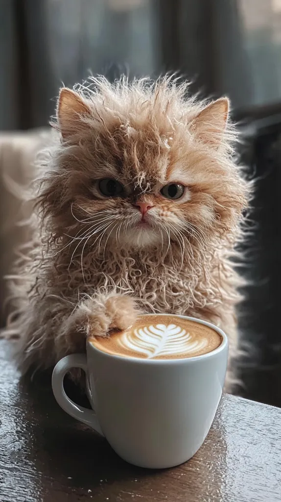 A fluffy, light brown kitten with a grumpy expression holds a cup of latte art coffee.  Its fur is exceptionally long and somewhat unkempt, giving it a unique appearance. The kitten's serious gaze contrasts with the delicate leaf design in the coffee foam. The setting appears to be a café, with a dark wooden table visible. The overall image is both adorable and slightly humorous.