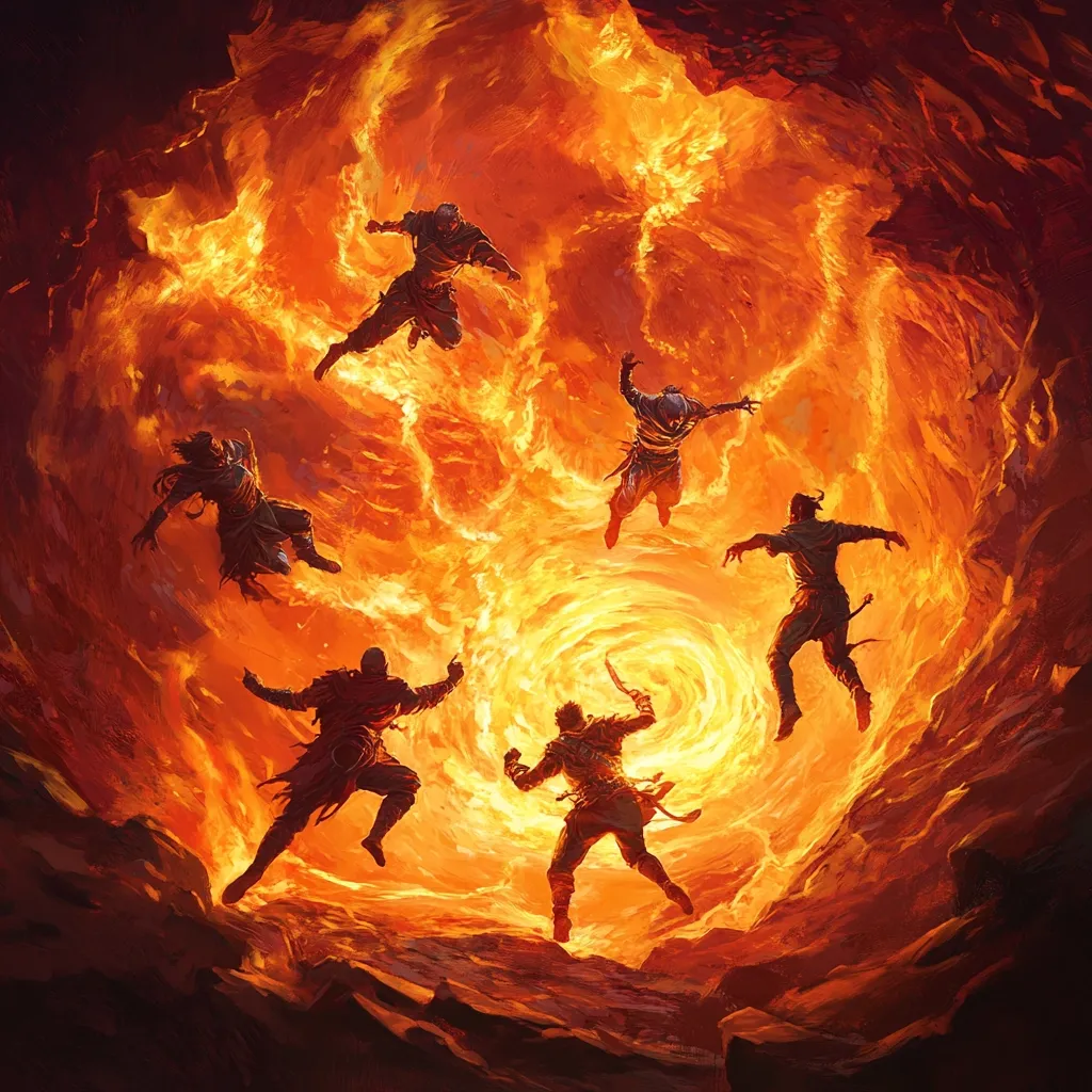 Five figures, silhouetted against a swirling vortex of intense fire, plummet towards a fiery chasm.  Their dark clothing contrasts sharply with the incandescent orange and yellow flames. The scene suggests a perilous descent into a hellish landscape, perhaps a trial or a sacrifice amidst burning chaos.  The figures appear to be falling or jumping, each caught in a dynamic pose.