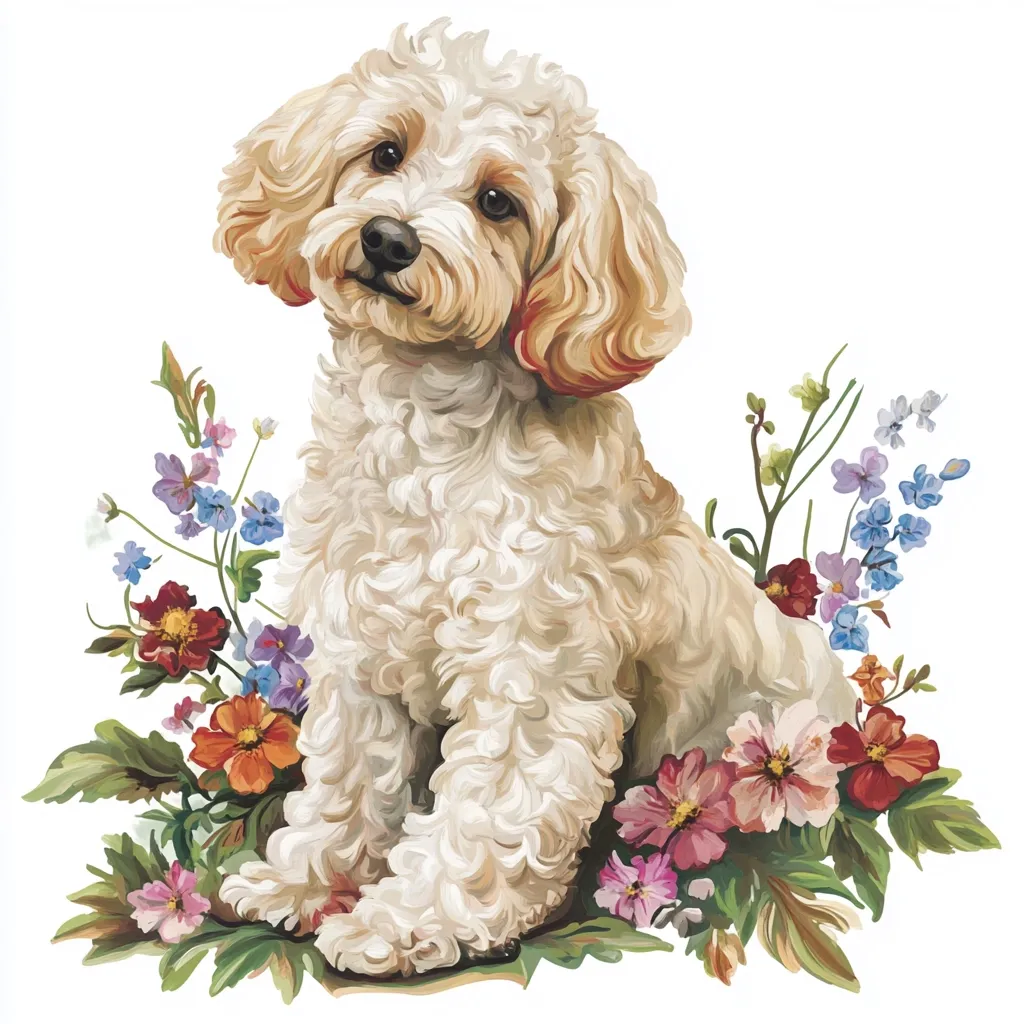 A fluffy cream-colored poodle sits amidst a vibrant bouquet of wildflowers.  The dog's coat is meticulously detailed, showcasing its soft texture.  The flowers, in shades of pink, orange, purple, and blue, create a cheerful and colorful backdrop, enhancing the overall whimsical and elegant aesthetic of the illustration.  The poodle gazes slightly upward, adding a touch of gentle curiosity to the scene.