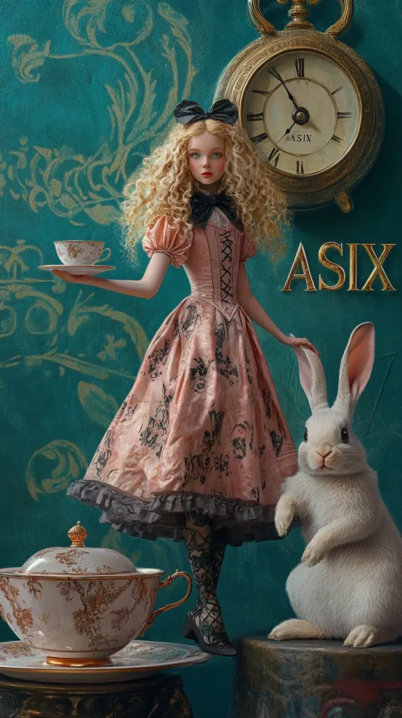 A young woman, styled as Alice from Alice in Wonderland, holds a teacup and saucer. She wears a pink, Victorian-inspired dress adorned with dark floral patterns.  A large antique clock hangs on the wall behind her, and a white rabbit sits attentively nearby.  The setting is ornate and evocative of a whimsical, fairytale atmosphere. The overall mood is elegant and mysterious.