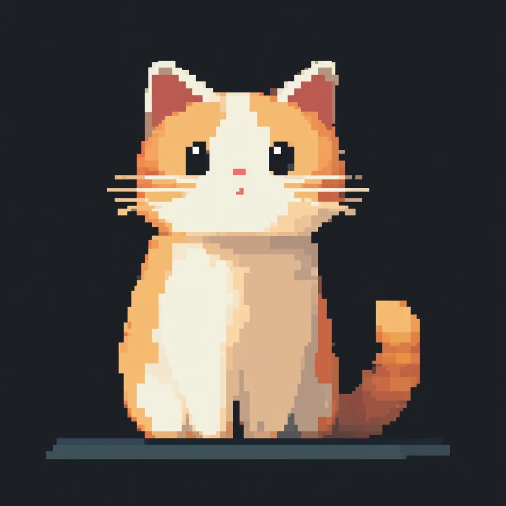 A pixel art depiction of an adorable orange and white cat sits against a black background.  The cat has large, expressive eyes and a small, pink nose. Its orange fur is a lighter shade on its chest and belly, contrasting with the darker orange of its back and tail. The simple, blocky style adds to its charming appeal.