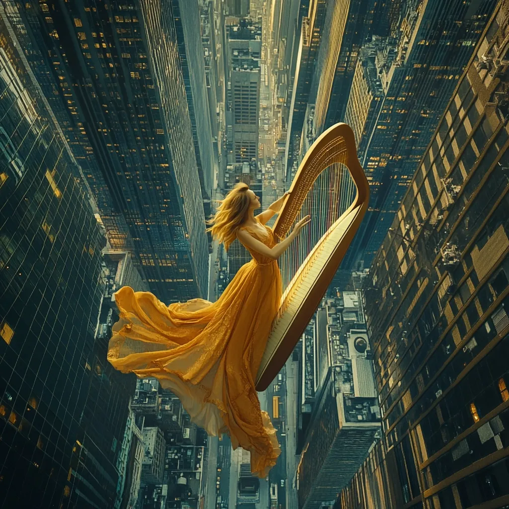 A woman in a flowing gold gown gracefully plays a harp suspended mid-air between skyscrapers.  The city stretches below, a dizzying panorama of towering buildings and bustling streets.  The scene is surreal and dreamlike, blending fantasy with urban architecture.  The golden tones of the dress and harp contrast with the cool, muted colors of the cityscape.