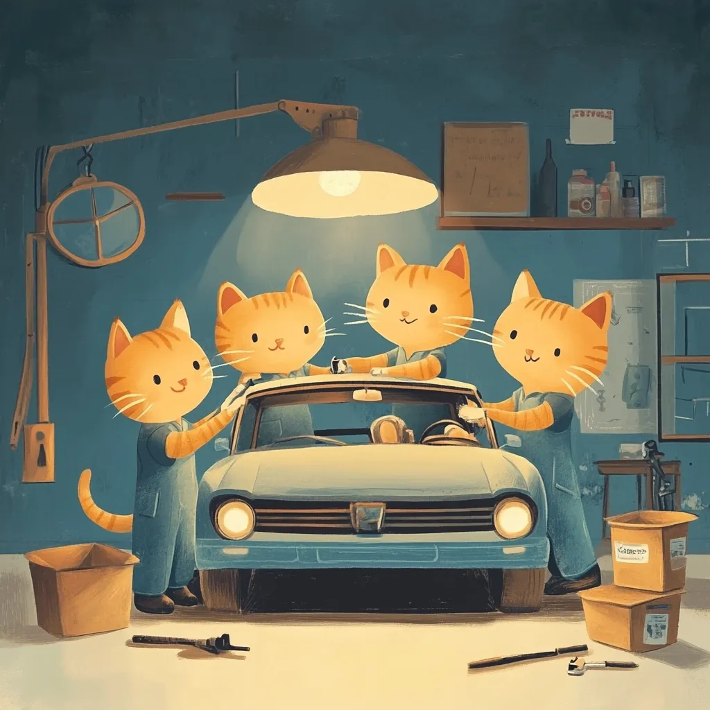 Four orange tabby cats, wearing blue overalls, work collaboratively on a vintage light blue car in a dimly lit garage.  The cats meticulously clean the car's windshield under a single overhead lamp.  The scene is charming and whimsical, with various tools and storage boxes scattered around the workspace.  The overall ambiance is warm and nostalgic.