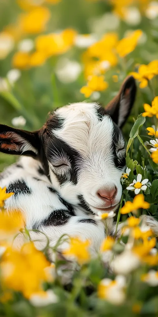 A newborn black and white goat kid sleeps peacefully nestled amongst vibrant yellow and white wildflowers. Its eyes are closed, and its tiny body is relaxed.  The scene is idyllic, showcasing the beauty of nature and the innocence of new life.  Soft sunlight filters through the blossoms, creating a warm and gentle atmosphere.