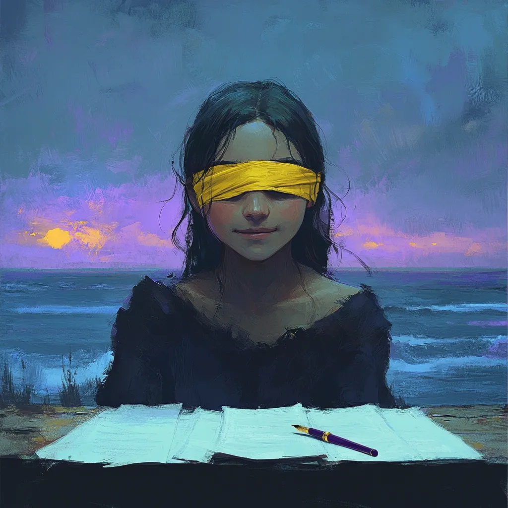 A young woman with long dark hair sits before a blank page, her eyes covered by a yellow blindfold.  The setting sun casts a purple and orange glow over a calm ocean behind her.  A pen rests on the paper, suggesting a moment of creative contemplation or a deliberate act of unseen creation. The overall mood is one of mystery and quiet introspection.