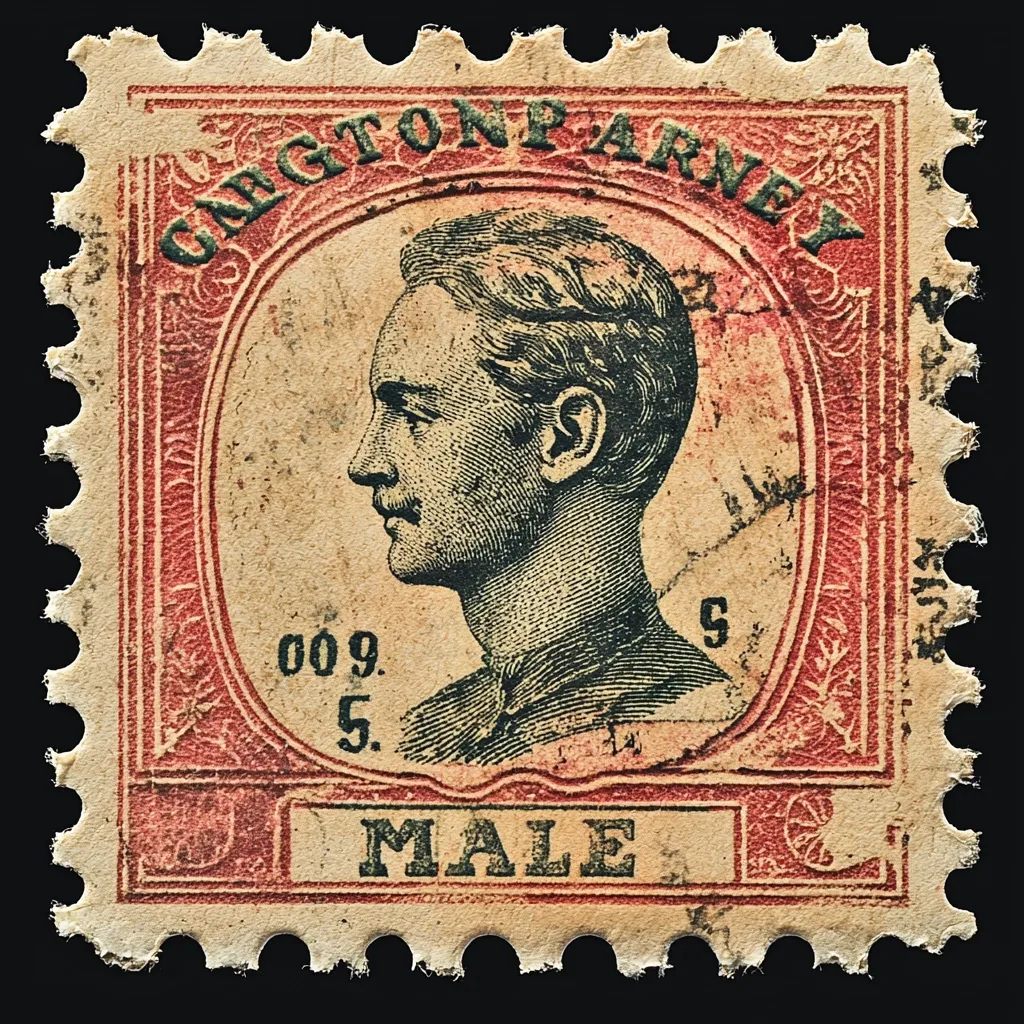 This is a well-worn, 5 cent postage stamp from Male, featuring a profile portrait of C.G. Ton Parney.  The stamp is predominantly red and beige, showing age and wear along its perforated edges. The inscription "MALE" is clearly visible at the bottom, along with the value "009. 5" in the center.  The overall condition suggests it's a historical artifact.