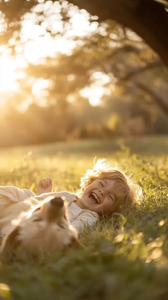 A young child with blond hair lies on their back in a grassy field, laughing joyfully.  A golden retriever dog is beside them, partially obscured by the grass.  The sun shines brightly, creating a warm, golden light.  The scene is idyllic and captures a moment of pure, childlike happiness and the bond between a child and their pet.