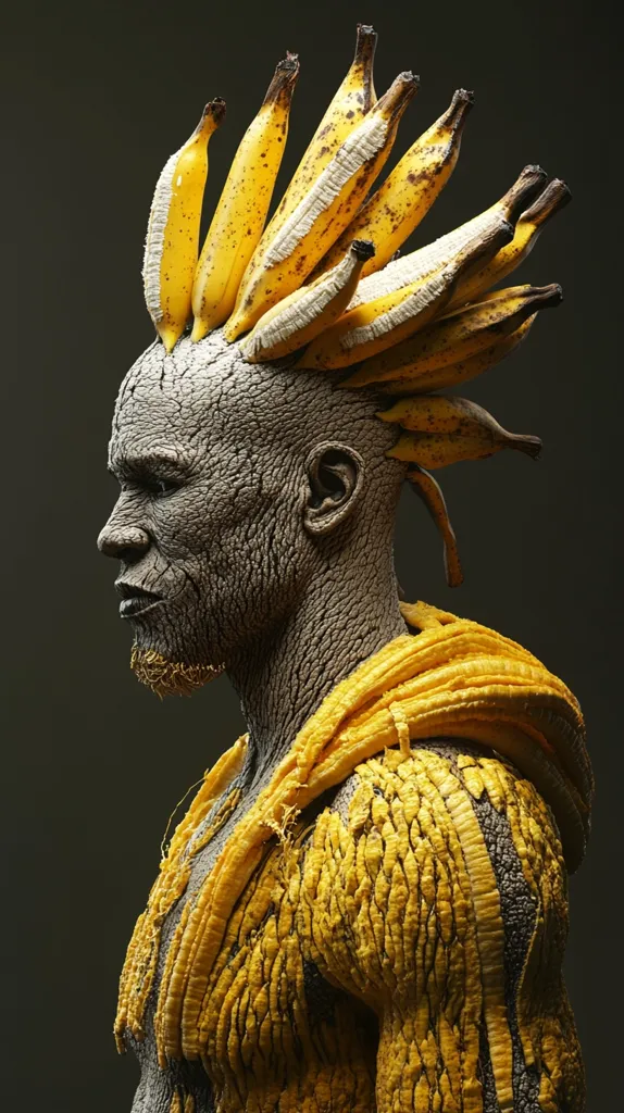A striking portrait showcases a figure adorned with banana peels.  The peels form a mohawk-like headdress and textured body covering, contrasting with the dark, textured skin of the individual. The overall effect is one of both striking visual artistry and a subtle commentary on themes of nature, adornment, and perhaps, even decay. The image’s stark lighting and dark background emphasize the subject’s unique appearance.