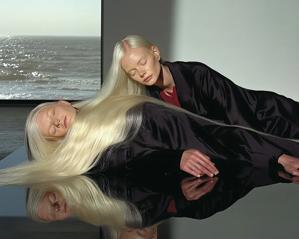 Two women with extraordinarily long, platinum blonde hair lie intertwined on a dark, reflective surface.  They are dressed in black, silken robes, their eyes closed in repose. A large window behind them reveals a calm, grey sea.  The image is stark, minimalist, and emphasizes the flowing hair and the women's pale skin. The reflection in the surface creates a mirrored effect, enhancing the sense of stillness.