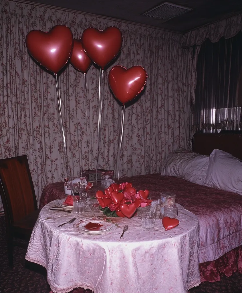 A romantic Valentine's Day scene unfolds in a dimly lit bedroom.  Four heart-shaped balloons, in deep red, float above a table set for two.  The tablecloth and bedspread are a soft pink.  A centerpiece of smaller red heart balloons and roses adds to the festive atmosphere.  The overall mood is intimate and slightly vintage.