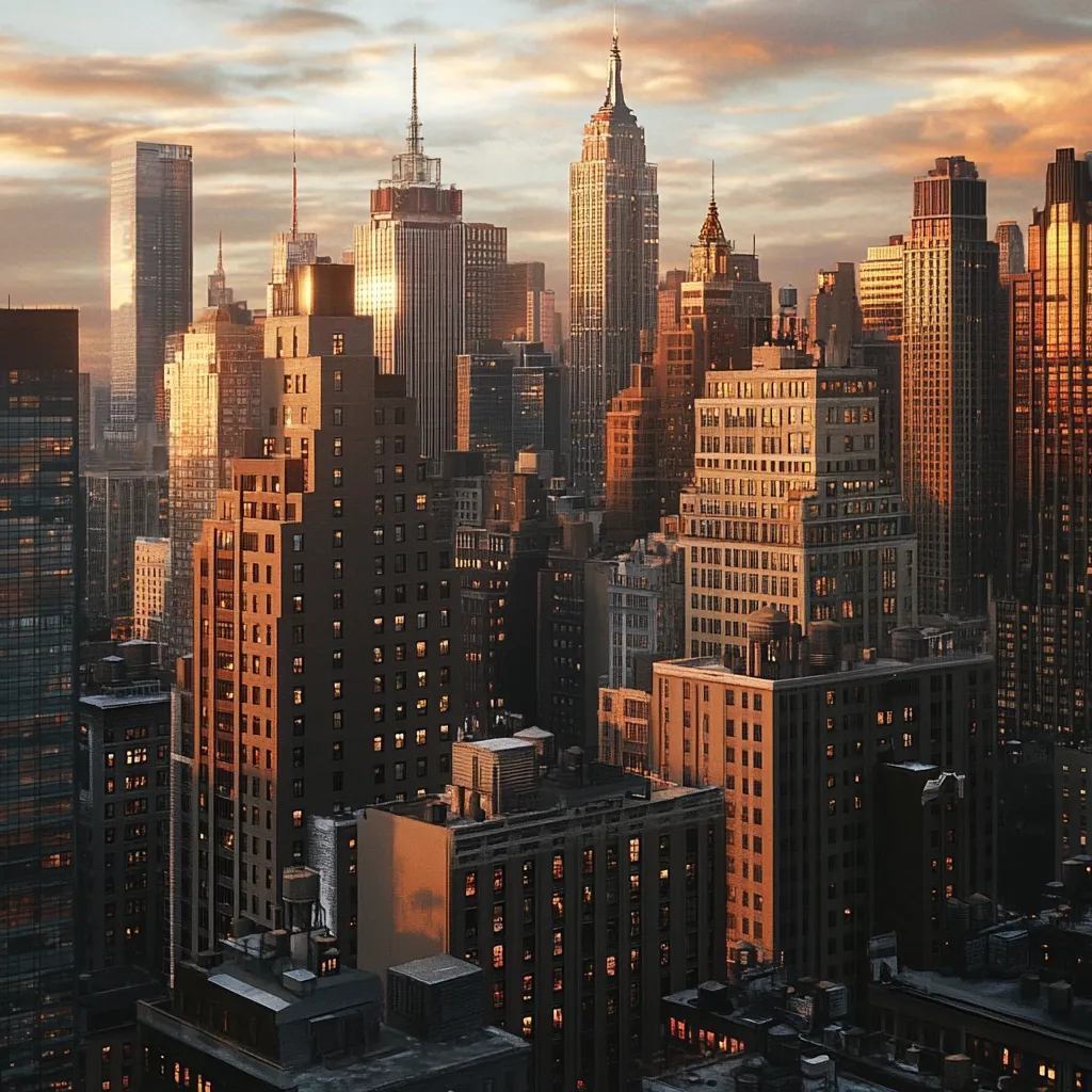 A breathtaking sunset casts a warm golden hue over the dense cityscape of New York City.  Numerous skyscrapers, varying in height and architectural style, fill the frame.  The Empire State Building is prominently visible, surrounded by a multitude of buildings, their windows glowing with the warm light of the setting sun. The overall scene evokes a feeling of urban grandeur and tranquility.