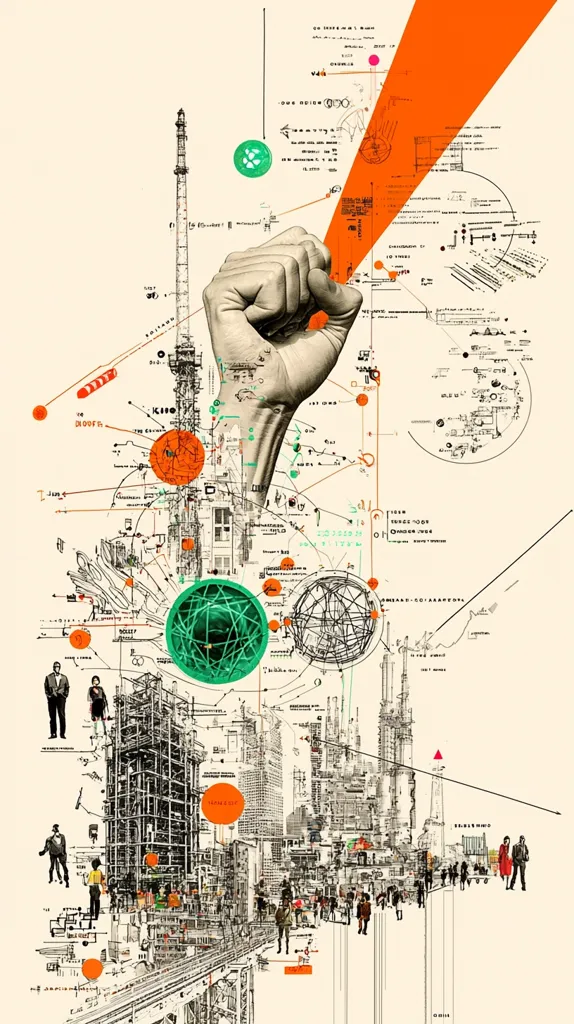 A complex collage depicts a clenched fist rising from a cityscape, interwoven with technical diagrams, data points, and architectural sketches.  The image suggests themes of industry, progress, and perhaps social or political upheaval.  A blend of hand-drawn and photographic elements creates a dynamic, layered effect, visually representing interconnected systems and powerful forces at play.  The overall tone is one of energy and controlled chaos.