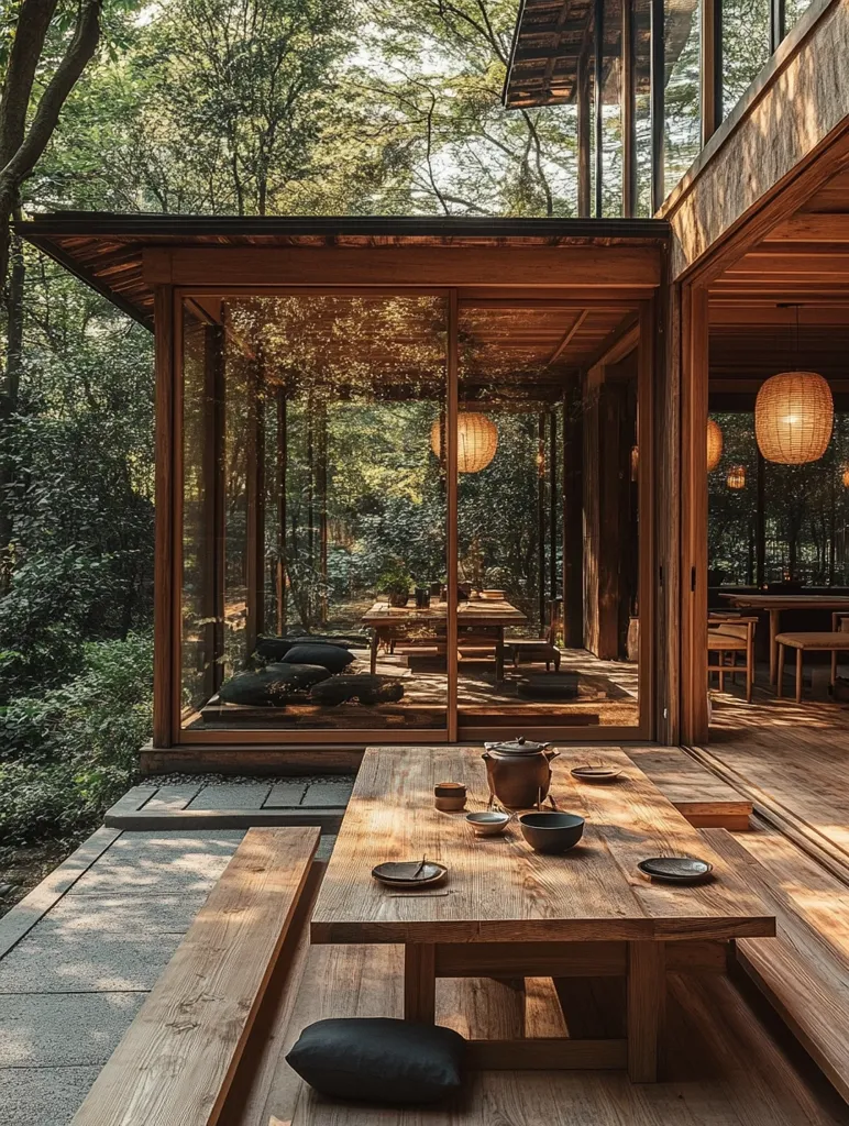 A serene outdoor patio, nestled within a lush forest, features a minimalist wooden structure with expansive glass walls.  A long, low wooden table with benches sits at the center, set for tea.  Natural light filters through the trees and illuminates the space, creating a peaceful and contemplative atmosphere.  Simple, elegant lanterns hang from the ceiling, enhancing the tranquil ambiance.  The overall design reflects a Japanese aesthetic, emphasizing natural materials and harmony with the surrounding environment.