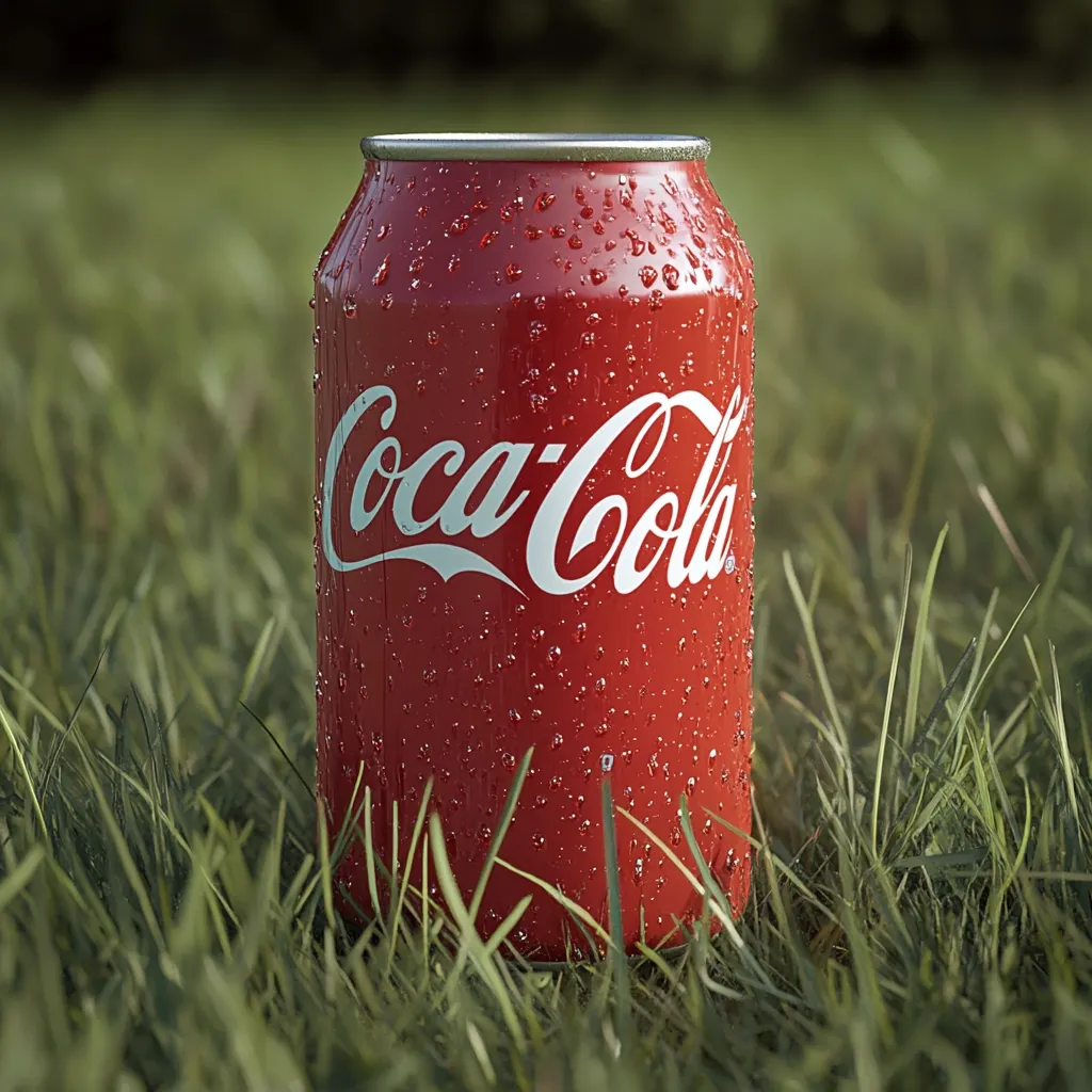 A Coca-Cola can, covered in condensation, sits nestled in vibrant green grass. The iconic red can, with its white script logo, is sharply in focus against a blurred background of greenery.  Water droplets cling to the can's surface, suggesting a cool, refreshing drink on a warm day. The scene is peaceful and evokes a sense of outdoor enjoyment.