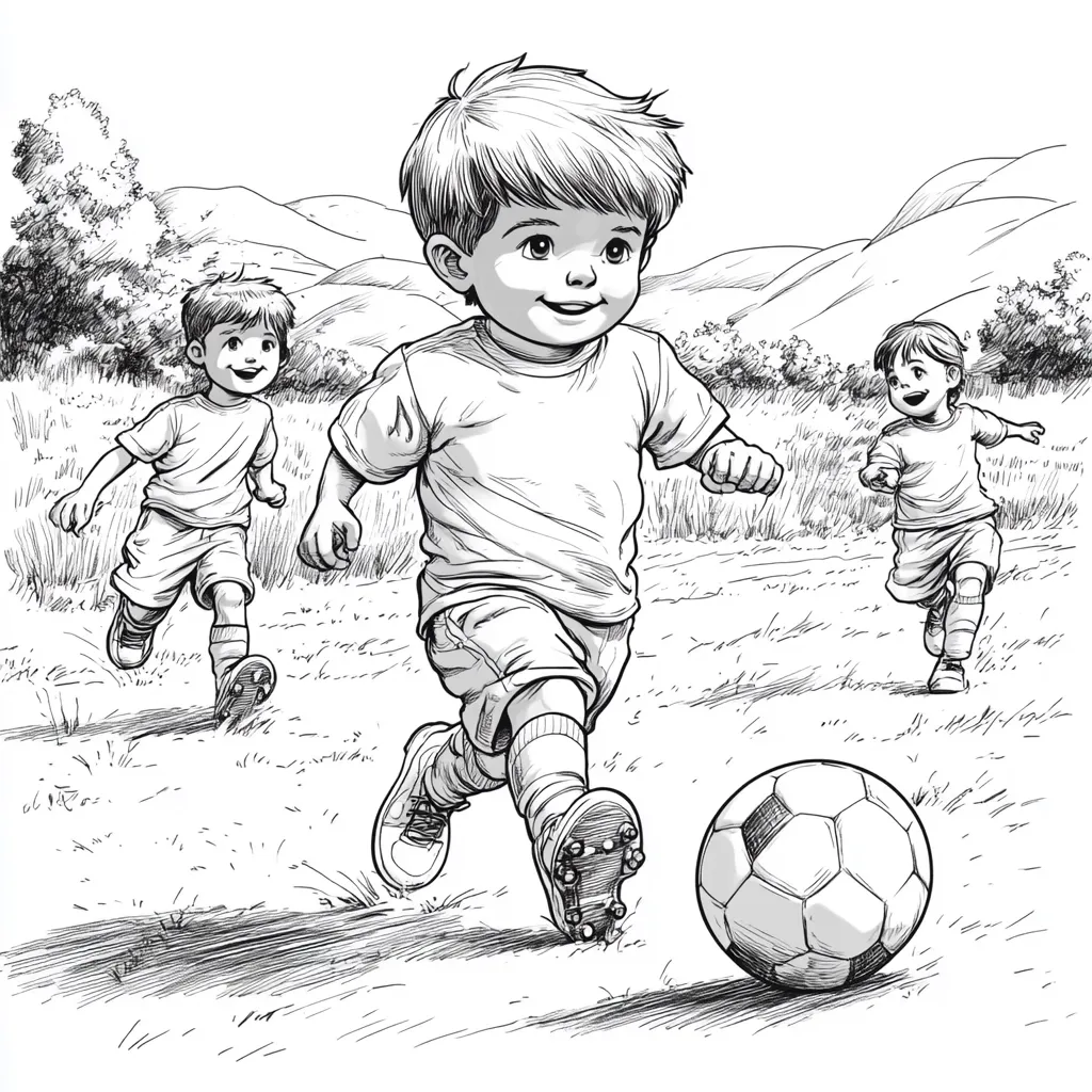 Three young boys play soccer on a grassy field.  One boy is in the foreground, running with determination towards the ball, cleats visible. Two other boys run alongside, in a playful game. The setting is idyllic, with rolling hills and trees in the background, creating a lively and carefree scene of childhood fun.  A soccer ball rolls near the foreground boy's feet.