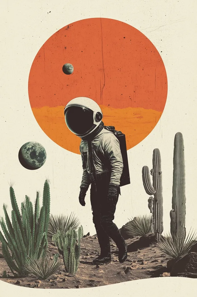 A lone astronaut in a vintage-style spacesuit walks across a desert landscape.  Tall cacti and yucca plants dot the sand.  A large, orange planet dominates the background, with smaller celestial bodies visible. The scene is a surreal blend of space exploration and arid terrain, presented in a retro-inspired aesthetic.  The color palette is muted and earthy.