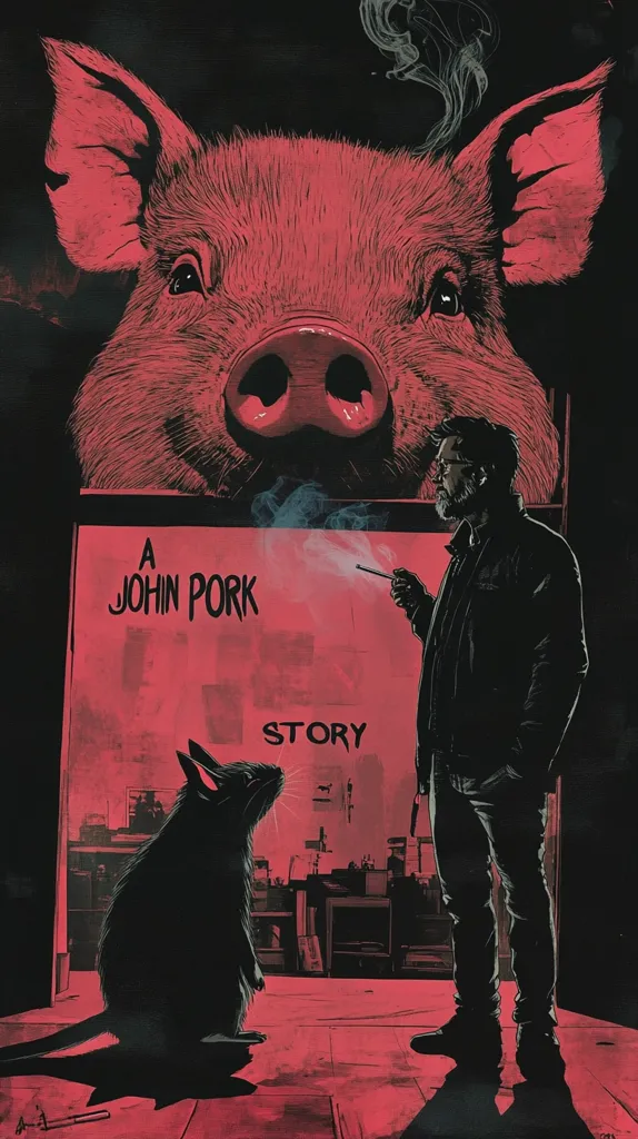 A stylized illustration depicts a large, pink pig's head dominating the upper portion. Below, a man with a beard smokes, standing near a small black rat.  A red sign reads "A John Pork Story," setting a dark, narrative tone. The overall aesthetic is gritty and darkly humorous, hinting at a story possibly involving unexpected characters and themes.