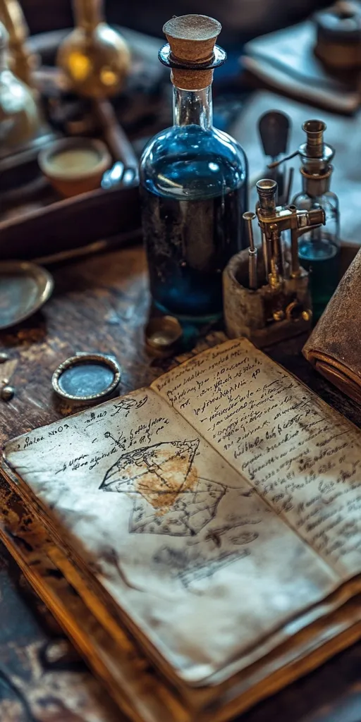An antique wooden table holds an open journal filled with handwritten text and sketches, possibly alchemical in nature.  A dark blue glass bottle with a cork stopper sits nearby, along with various small glass and brass apparatuses, suggesting an alchemist's workspace or a scene from a historical fantasy setting. The overall mood is dark, mysterious, and evocative of old-world craftsmanship.