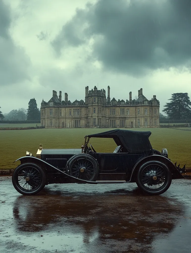A vintage black convertible car sits on a wet road in front of a large, imposing stone mansion.  The sky is overcast and dramatic, adding to the moody atmosphere. The scene evokes a sense of old-world elegance and grandeur, possibly a period piece or historical setting.  The reflection of the car is visible in the wet pavement.