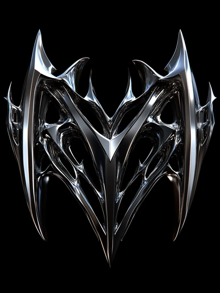 A striking, chrome-like metal object dominates the black background. Its design is intricate and angular, featuring sharp points and a v-shaped central structure.  The piece resembles a stylized mask or crest, with a complex, almost organic, pattern of interwoven metallic forms.  The reflective surface suggests a polished, high-tech aesthetic.