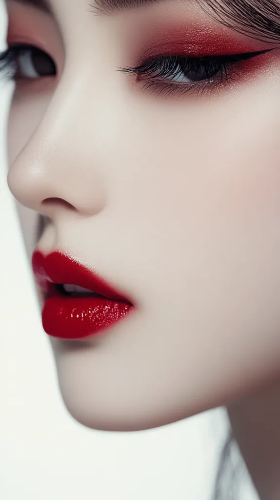 Close-up of a woman's face, showcasing flawless skin and dramatic makeup.  Her eyes are accentuated with dark eyeliner and a rich, red eyeshadow.  Bold red lipstick completes the look, creating a striking and elegant visual. The image focuses on the details of her makeup and the smooth texture of her skin.
