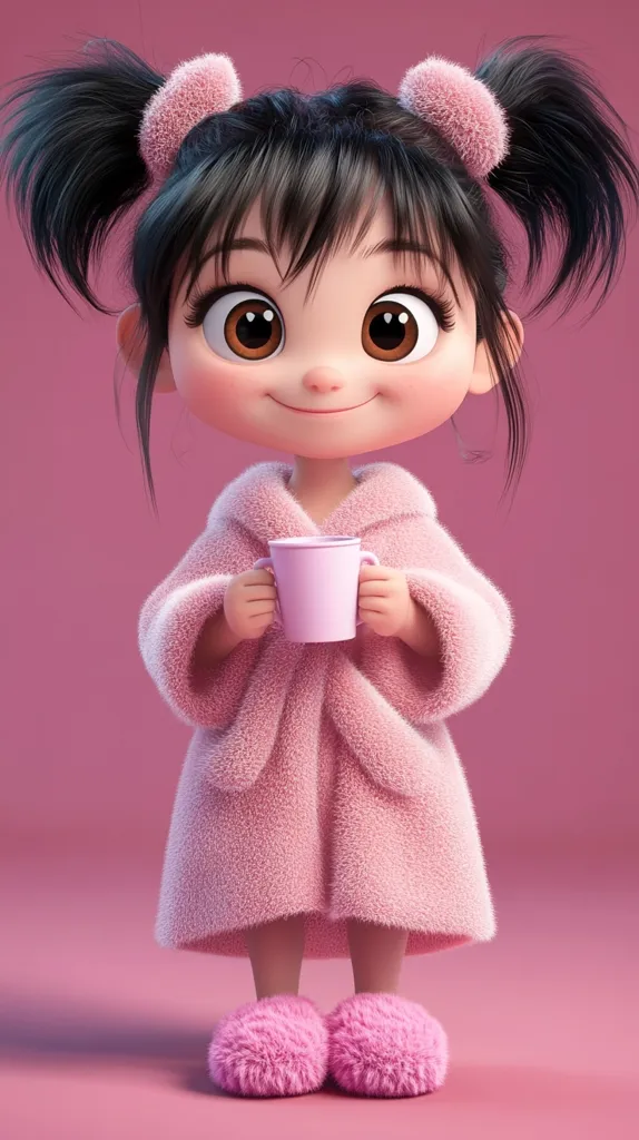 An adorable 3D-rendered girl with black pigtails and pink fuzzy hair accessories is shown wearing a fluffy pink bathrobe and slippers.  She holds a pale pink mug, creating a heartwarming and cozy image. The girl's large, expressive eyes and sweet smile enhance her charming character design.  The background is a solid pink, complementing the overall pastel color scheme.