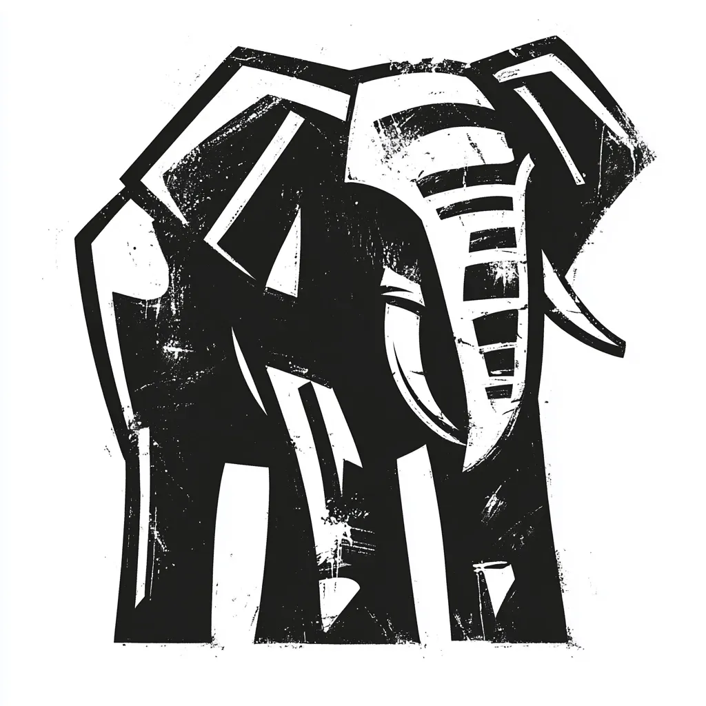 A stylized black and white illustration of an elephant. The image is created with bold lines and geometric shapes, giving it a bold and graphic feel.  The elephant is depicted in a frontal view, its large ears and tusks prominently featured.  A distressed texture adds a sense of age and roughness to the artwork. The overall style is reminiscent of linocut or woodcut printing.