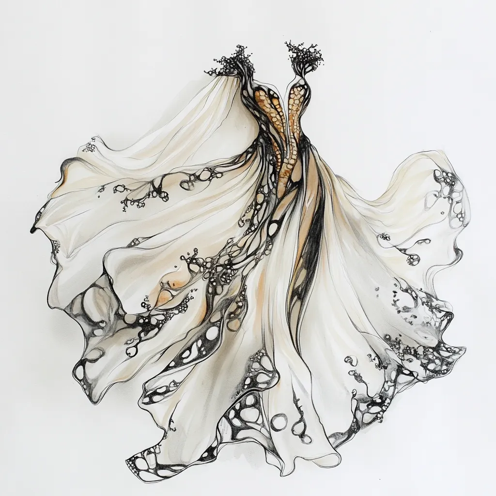 An elegant fashion illustration depicts a flowing gown in off-white, adorned with intricate black and gold detailing. The dress features a unique texture, resembling organic bubbles or cells, creating a visually captivating effect. The artist's skillful use of line and shading brings depth and movement to the design, showcasing the gown's ethereal quality.  The overall aesthetic is sophisticated and dreamlike.