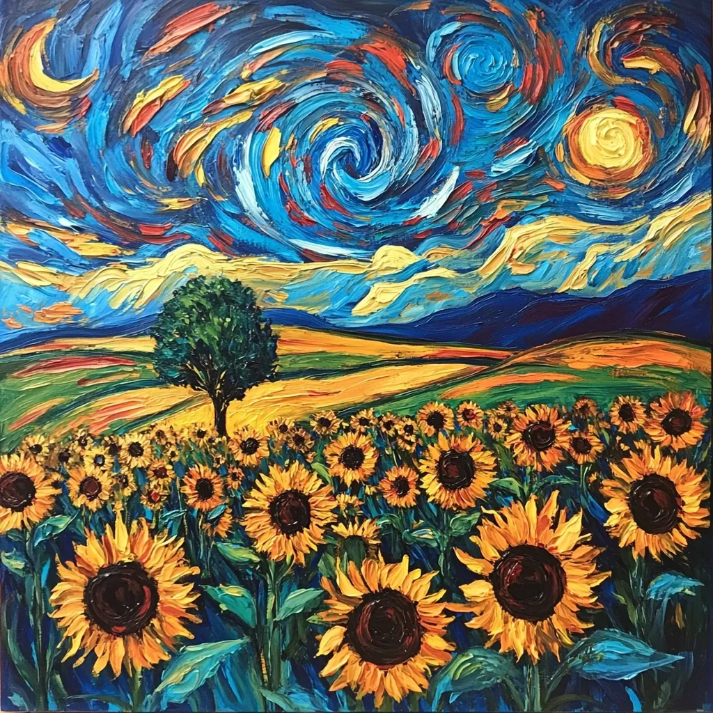A vibrant oil painting depicts a field of sunflowers under a swirling, starry night sky reminiscent of Van Gogh's style.  The sunflowers are rendered with thick, impasto brushstrokes, their golden hues contrasting with the deep blues and oranges of the night sky.  A single, solitary tree stands in the field, adding a touch of quietude to the otherwise bold and energetic scene. The painting's texture is palpable, inviting viewers to appreciate the artist's skill and the beauty of nature.