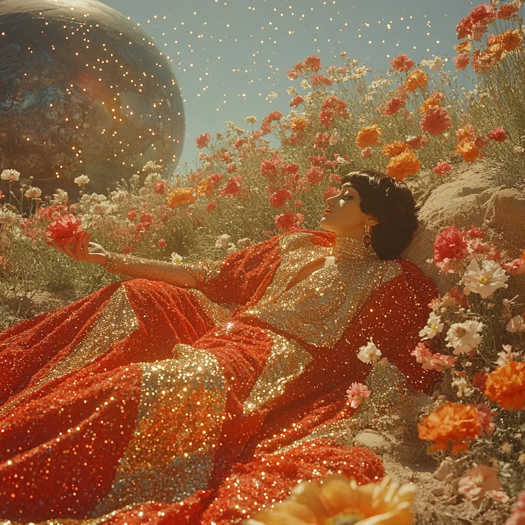 A woman in a dazzling red and gold sequined gown reclines amidst a vibrant field of flowers.  A large, shimmering sphere hangs in the background, adding to the surreal and dreamlike atmosphere.  Golden particles float in the air, enhancing the magical quality of the scene. The image evokes a sense of fantasy and otherworldly beauty.
