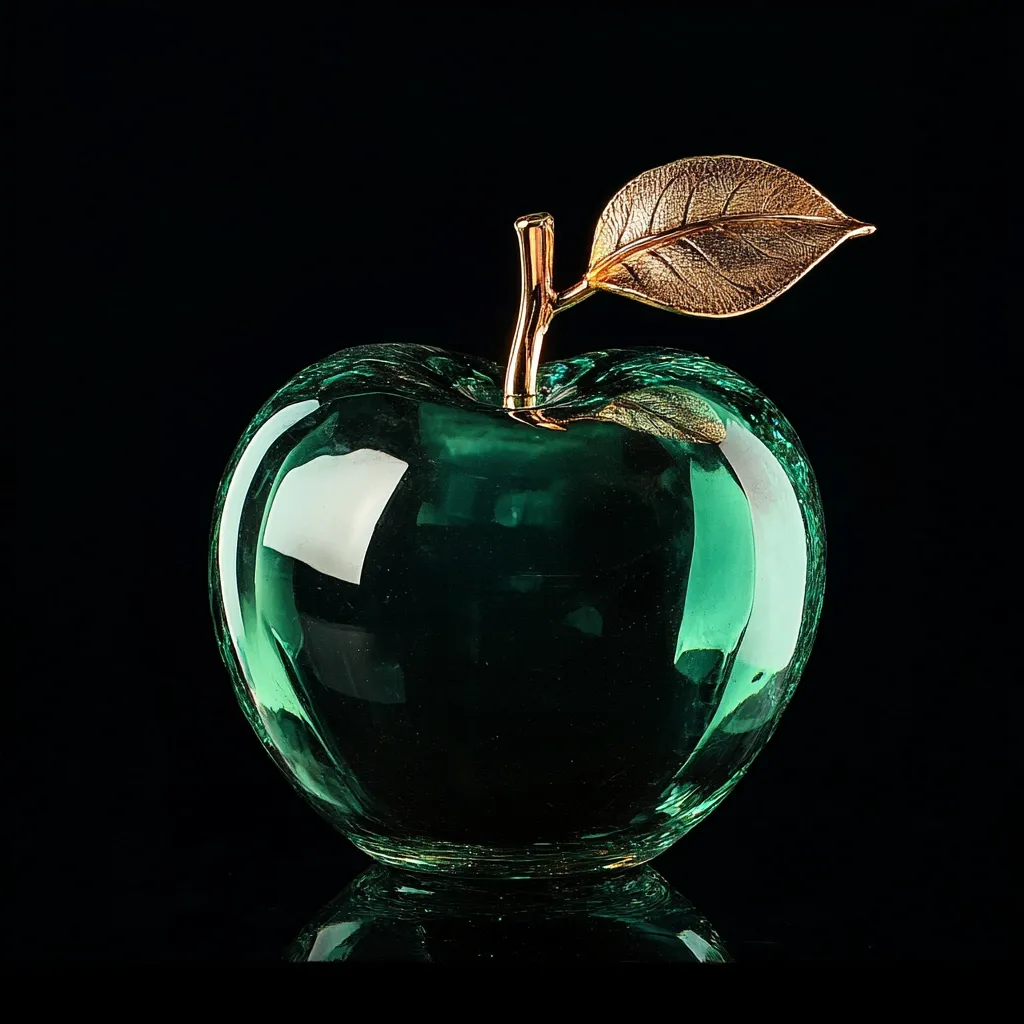 A dark green glass apple with a gold-leaf stem and leaf sits on a reflective black surface. The apple's smooth, polished surface reflects light, showcasing its translucent nature.  The contrast between the deep green glass and the gold accents creates a striking visual effect.  The dark background emphasizes the apple's elegant form and intricate details.