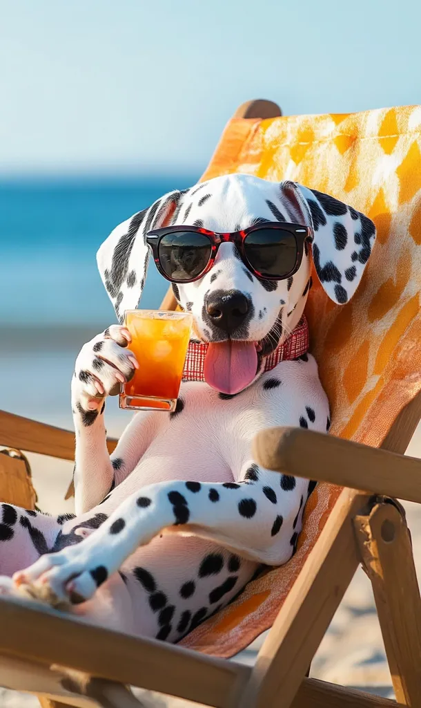 A Dalmatian dog, wearing sunglasses, relaxes in a beach chair.  The dog casually holds a glass of an orange beverage. The scene is set on a sandy beach with the ocean visible in the background, evoking a carefree summer vibe.  The dog's expression is one of contentment and enjoyment.