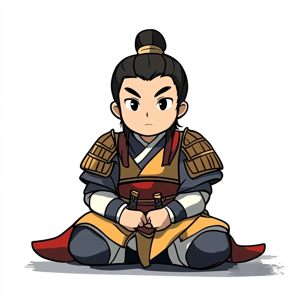 A cartoon illustration depicts a young, serious-looking boy in traditional East Asian attire. He is seated cross-legged, wearing a yellow and red robe, ornate shoulder armor, and a topknot.  He holds two short swords in his lap. The style is reminiscent of anime or manga, with exaggerated features and bold outlines.  The background is plain white, highlighting the character.