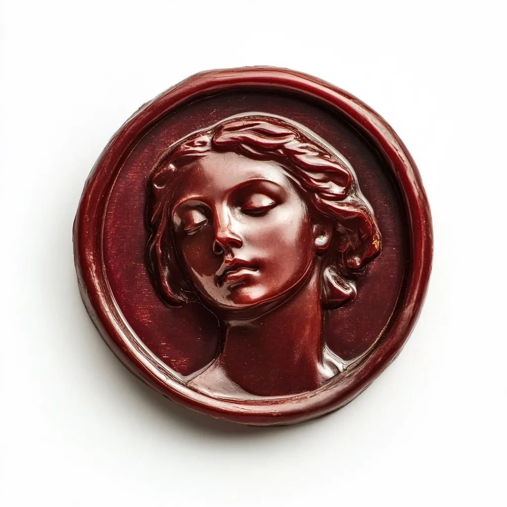 A dark reddish-brown circular medallion features a bas-relief sculpture of a woman's face.  Her eyes are closed, and her expression is serene.  The woman's hair is styled in waves, and the details of her features are finely rendered. The medallion is set within a slightly raised circular border. The overall style suggests a classical or Art Deco influence.