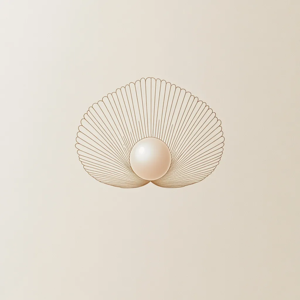 A large, lustrous pearl rests in the center of a stylized scallop shell.  The shell is depicted with delicate, radiating lines creating a minimalist, elegant design.  The image is set against a soft, beige background, creating a serene and sophisticated aesthetic.  The overall impression is one of understated luxury and natural beauty.