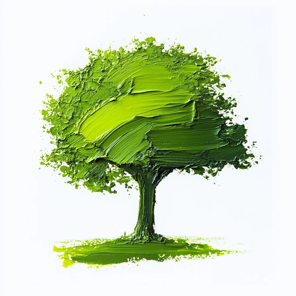 An impasto painting depicts a lush green tree against a stark white background.  Thick, visible brushstrokes of varying shades of green create a textured, almost three-dimensional effect for the leaves and trunk. The style is expressive and evokes a sense of nature's vibrancy and energy. The base of the tree is subtly rendered with similar brushstrokes, suggesting grass.