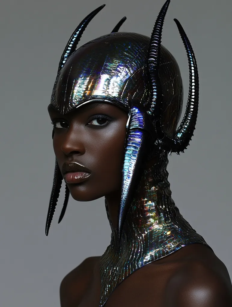 A dark-skinned woman models an avant-garde headpiece and neckpiece. The iridescent, metallic accessories resemble a futuristic helmet and collar, adorned with long, sharp protrusions.  The model's gaze is direct, emphasizing the striking and otherworldly design of the jewelry. The overall aesthetic is sleek, dramatic, and futuristic.