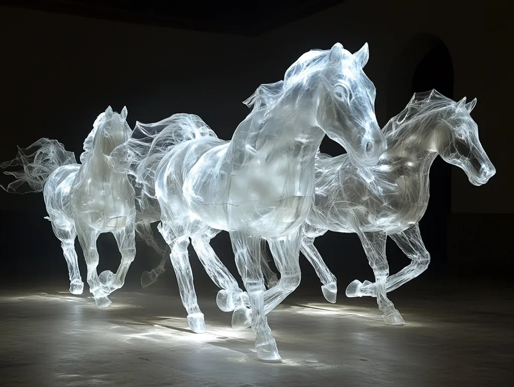 Three translucent horse sculptures, seemingly crafted from a resin or plastic material, are captured in mid-gallop.  Their forms are ethereal, almost ghostlike, with light subtly illuminating their intricate details.  The dark background enhances the sculptures' luminosity, creating a captivating and somewhat surreal image.  The horses appear to be moving in unison, conveying a sense of grace and freedom.