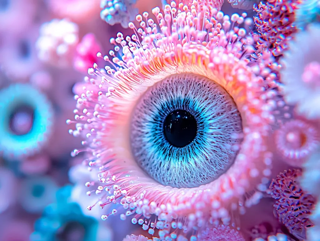 A vibrant close-up reveals a surreal image: a human eye seemingly nestled within a cluster of delicate, pastel-colored, flower-like structures.  The eye's iris displays striking blue and white hues, contrasting with the soft pinks and purples of the surrounding organic forms.  The overall effect is one of captivating otherworldly beauty.
